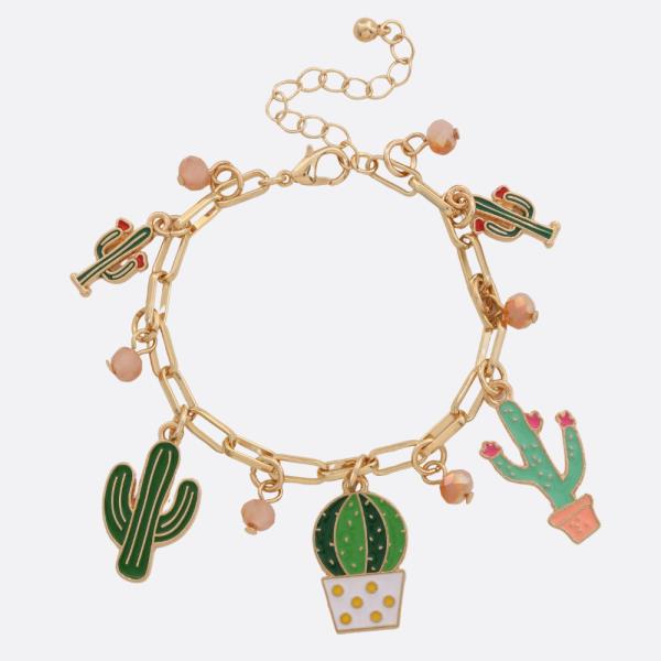 WESTERN STYLE CACTUS CHARM OVAL LINK METAL BRACELET