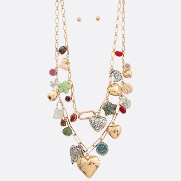 HEART PENDANT MULTI CHARM LAYERED NECKLACE