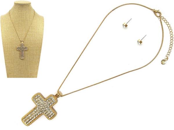 CROSS METAL CHAIN W HEART PENDANT NECKLACE EARRING SET