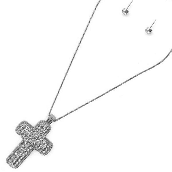 CROSS METAL CHAIN W HEART PENDANT NECKLACE EARRING SET