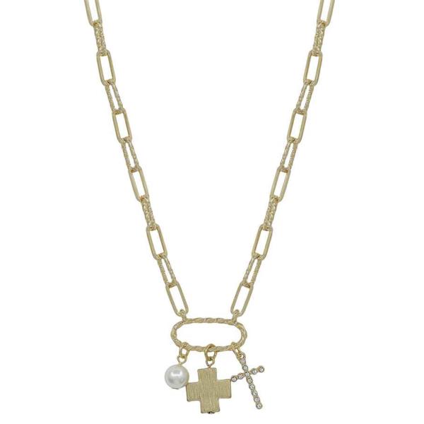 TEXTURED METAL CROSS, PEARL CROSS, PEARL MULTI  CHARMS SHORT NECKLACE