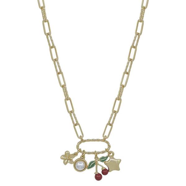 CHERRY, PEARL, STAR, FLOWER  MULTI CHARMS NECKLACE