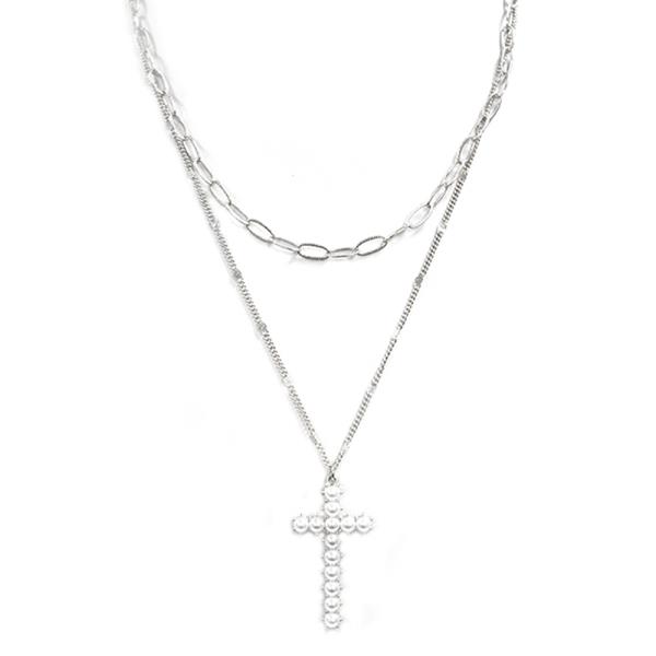 PEARL CROSS PENDANT LAYERED NECKLACE