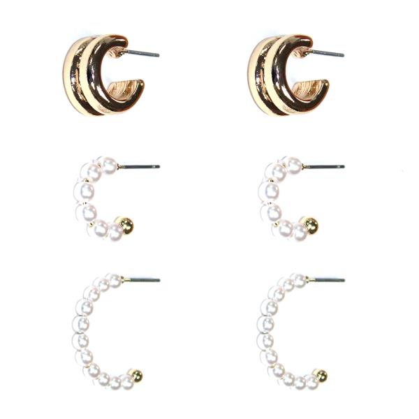 METAL PEARL C HOOP EARRING 3 PAIR SET