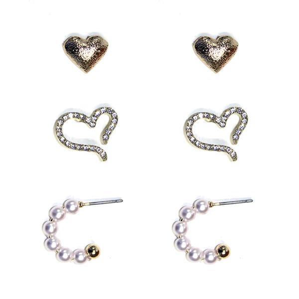 METAL PEARL HEART HOOP EARRING 3 PAIR SET