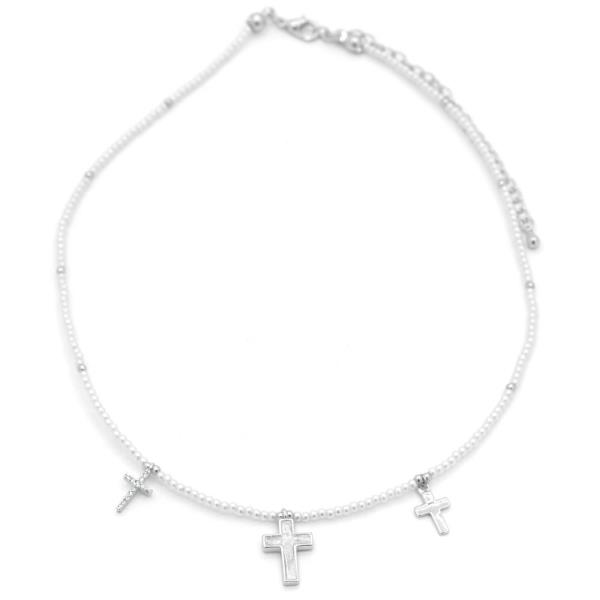 PEARL CROSS CHARM NECKLACE