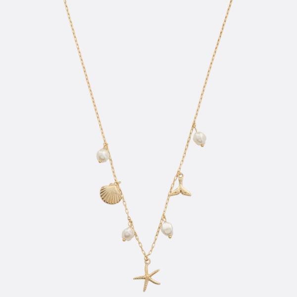 SEASHELL CHARM PEARL BEAD STATION NECKLACE