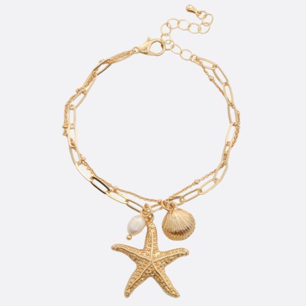 STARFISH SEASHELL OVAL LINK LAYERED METAL BRACELET