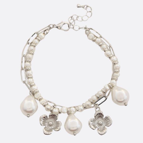FLOWER CHARM PEARL BEAD BEADED LAYERED BRACELET