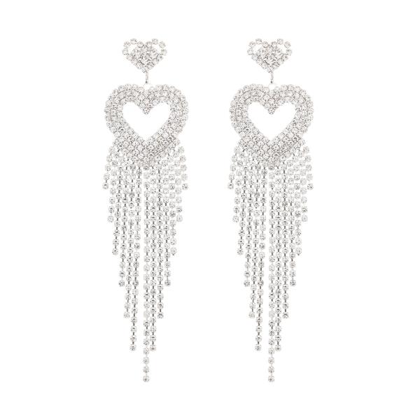 RHINESTONE DOUBLE HEART TASSEL EARRING