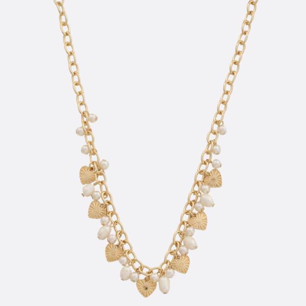 DAINTY HEART CHARM PEARL BEAD STATION NECKLACE