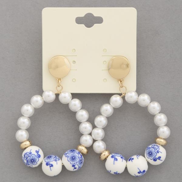 FLOWER PATTERN PEARL BEAD DANGLE EARRING