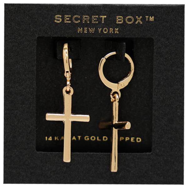 SECRET BOX CROSS 14K GOLD DIPPED HUGGIE EARRING