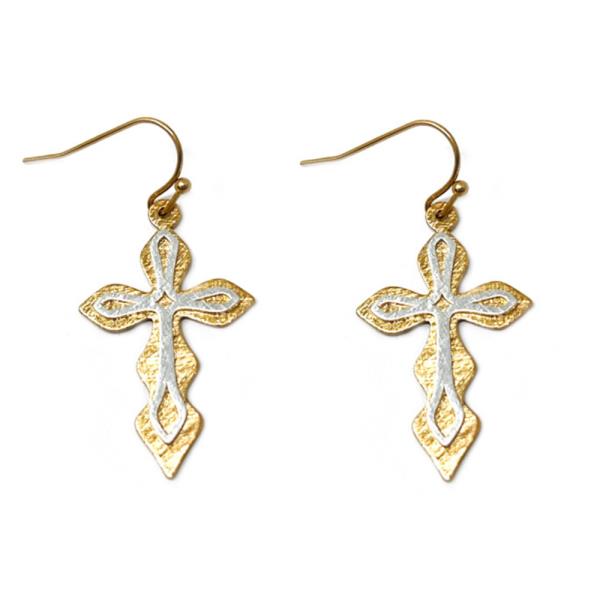 TWO TONE CROSS METAL DANGLE EARRING