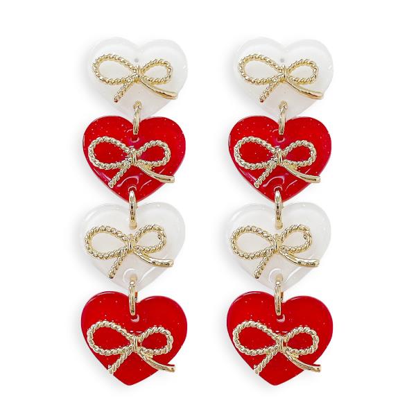 VDAY ACETATE HEART BOW TIERED EARRING