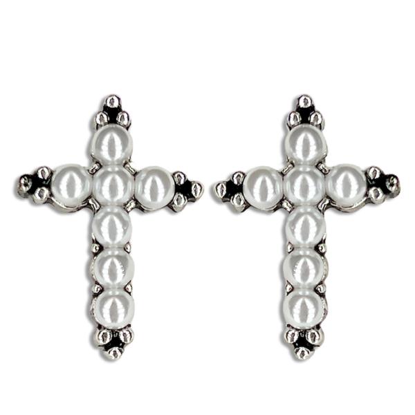 METAL CROSS PEARL POST EARRING