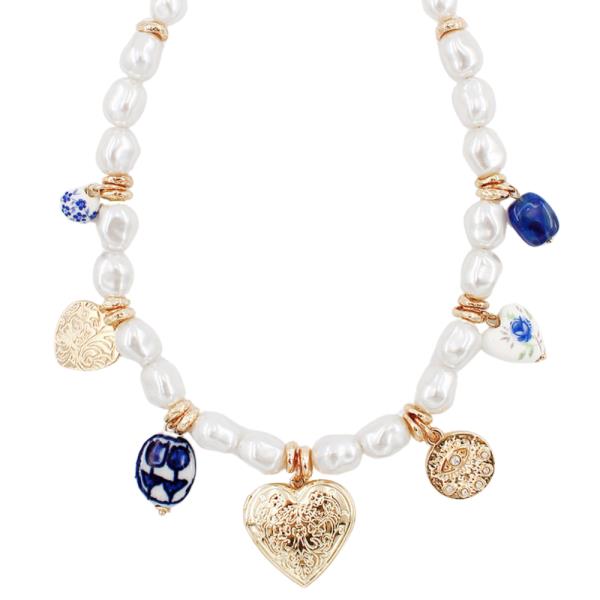 HEART MULTI CHARM PEARL BEAD NECKLACE