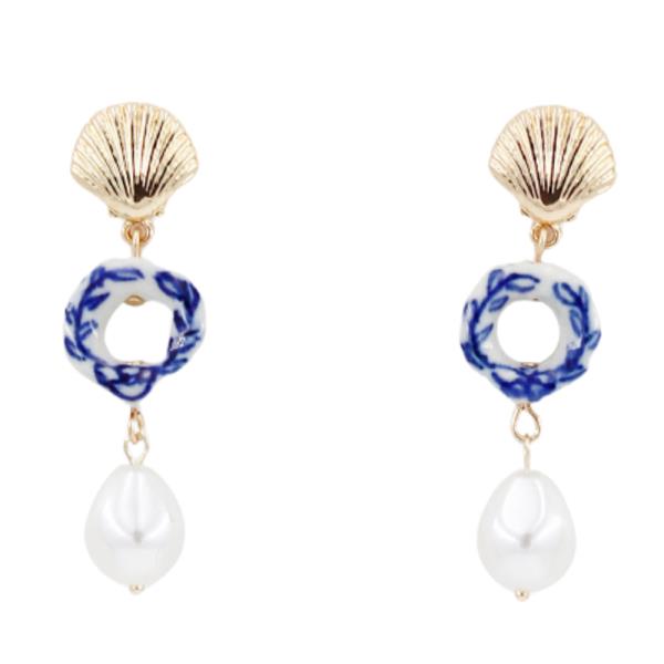 SEASHELL PEARL BEAD LINK DANGLE EARRING