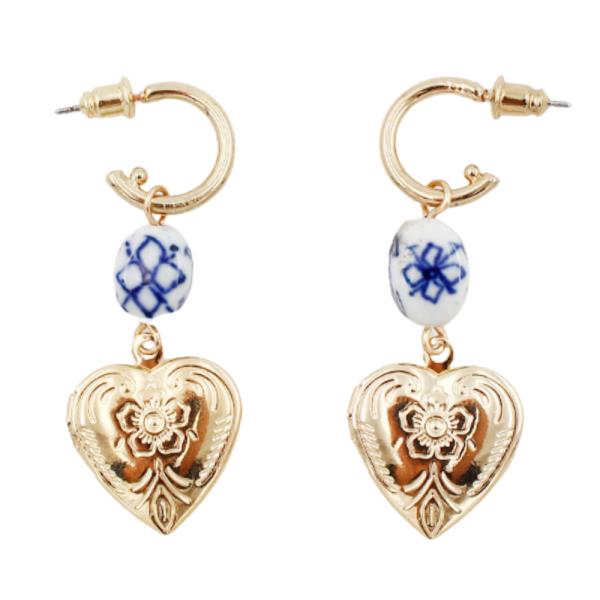 CERAMIC HEART OVAL BEAD OPEN HOOP EARRING