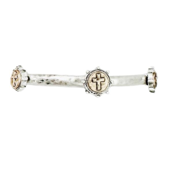 CROSS COIN HAMMERED METAL STRETCH BRACELET