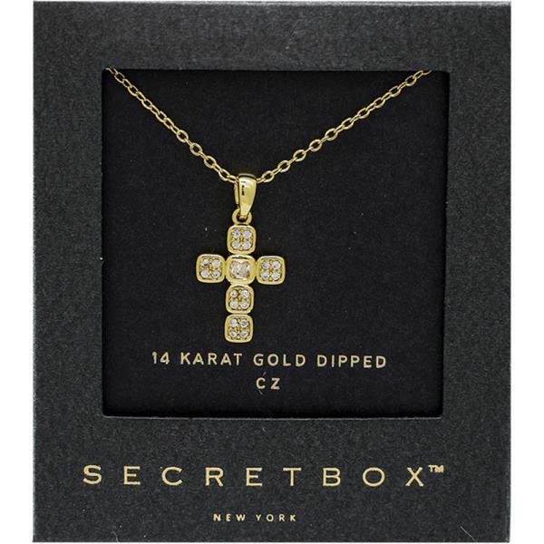 SECRET BOX GOLD DIPPED CZ FOSSIL CROSS NECKLACE