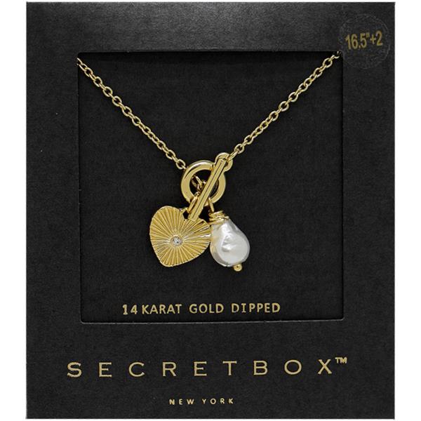 SECRET BOX GOLD DIPPED HEART PEARL TOGGLE NECKLACE