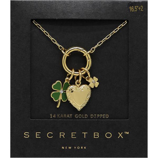 SECRET BOX GOLD DIPPED CLOVER LOCKET CHARM NECKLACE