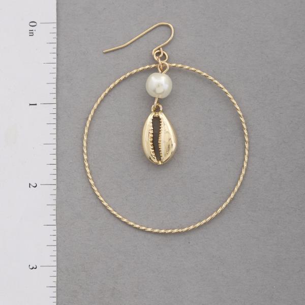 SEASHELL PEARL BEAD HOOP DANGLE METAL EARRING