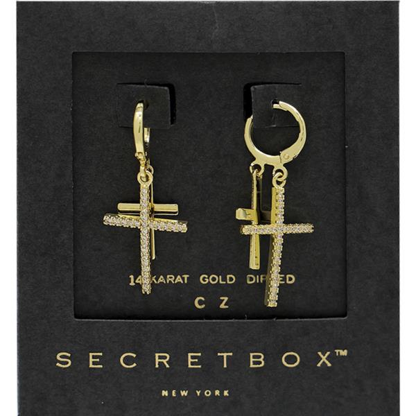 SECRET BOX GOLD DIPPED CZ CROSS HUGGIE EARRING