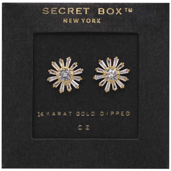 SECRET BOX 14K GOLD DIP BAGUETTE CZ FLOWER STUD EARRING