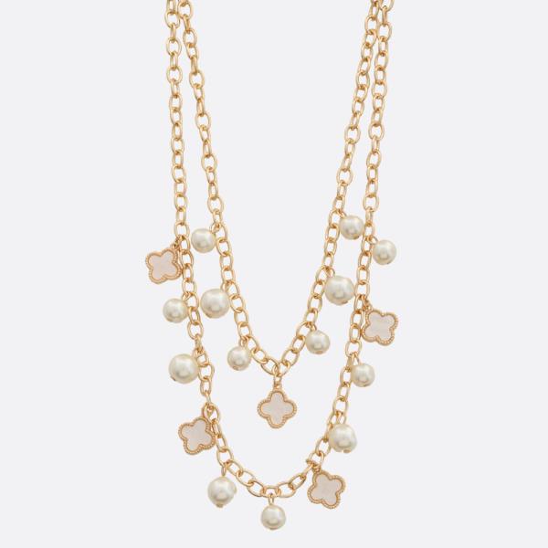 CLOVER CHARM PEARL BEAD LAYERED NECKLACE