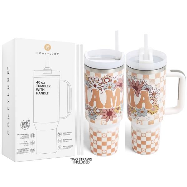 MAMA FLORAL 400Z TUMBLER W/HANDLE DOUBLE WALL STAINLESS STEEL