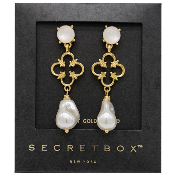 SECRET BOX 14K GOLD DIPPED QUATREFOIL PEARL BEAD DANGLE EARRING