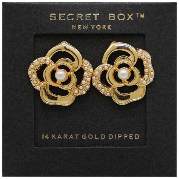 SECRET BOX 14K GOLD DIPPED PEARL PAVED ROSE EARRING