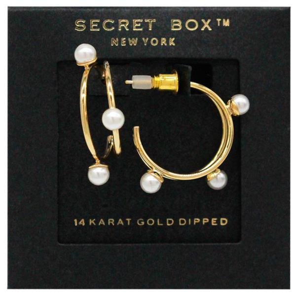 SECRET BOX 14K GOLD DIPPED PEARL BEAD EDGE OPEN HOOP EARRING