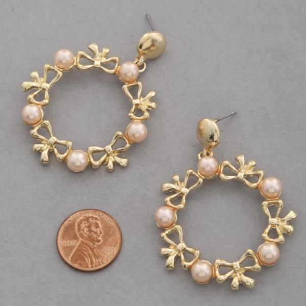 RIBBON BOW PEARL BEAD DANGLE EARRING