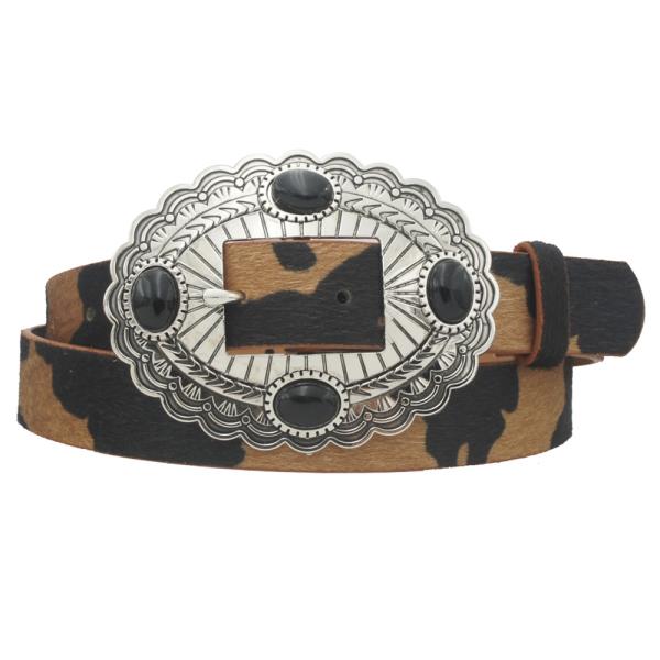 STONE ACCENT OVAL CONCHO BUCKLE COW PRINT BELT