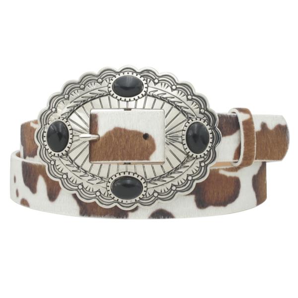 STONE ACCENT OVAL CONCHO BUCKLE COW PRINT BELT