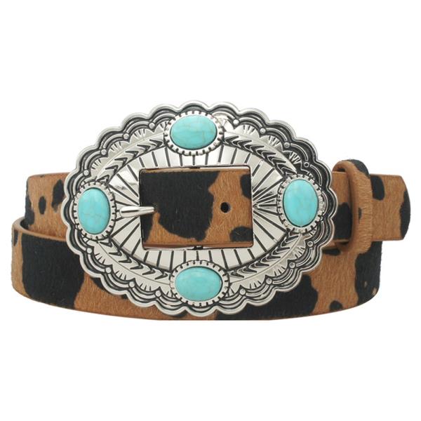STONE ACCENT OVAL CONCHO BUCKLE COW PRINT BELT