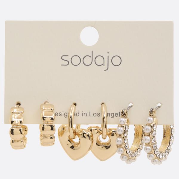 SODAJO HEART SHAPE PEARL BEAD ASSORTED HOOP EARRING SET