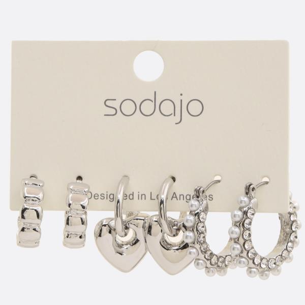 SODAJO HEART SHAPE PEARL BEAD ASSORTED HOOP EARRING SET