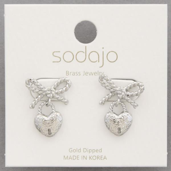 SODAJO RIBBON BOW HEART LOCK GOLD DIPPED DANGLE EARRING