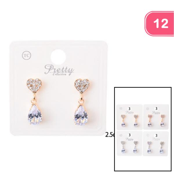 HEART TEARDROP RHINESTONE DANGLE EARRING (12 UNITS)