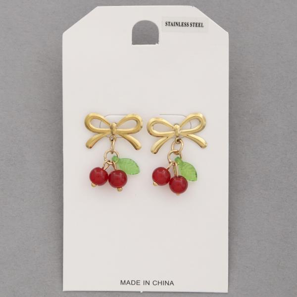 CHERRY RIBBON BOW STAINLESS STEEL DANGLE EARRING