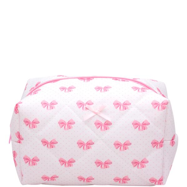 RIBBON DOTTED QUILTED ZIPPER POUCH BAG