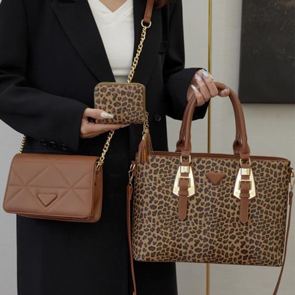 (ONLINE ONLY) 3in1 leopard buckle top handle satchel w messenger and wallet set