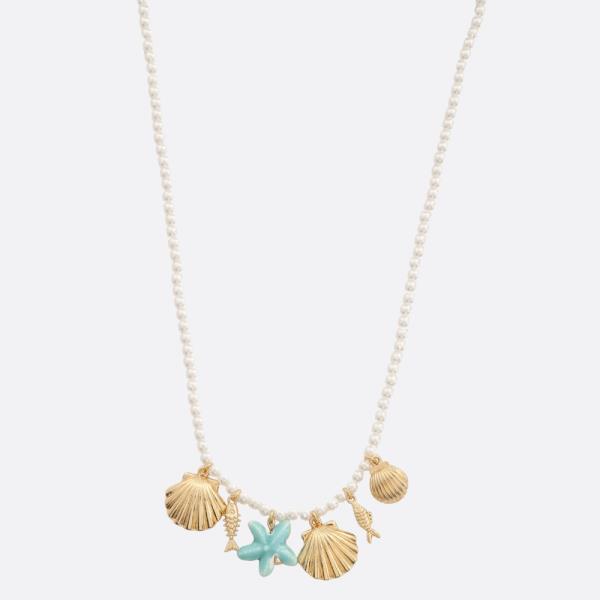 SEASHELL SEA LIFE PEARL BEAD MULTI CHARM NECKLACE