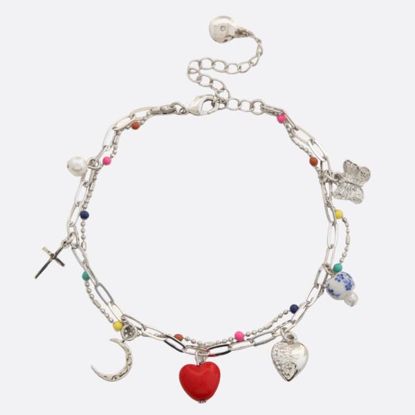 HEART MULTI CHARM BEADED LAYERED BRACELET