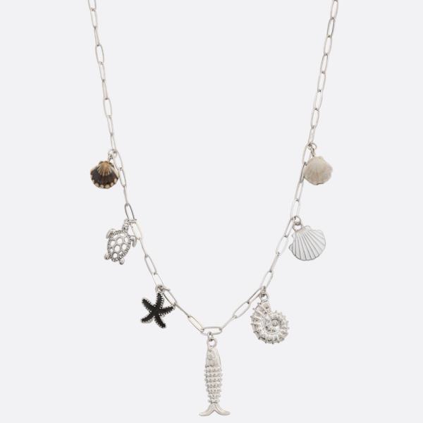 SEA LIFE MULTI CHARM OVAL LINK METAL NECKLACE