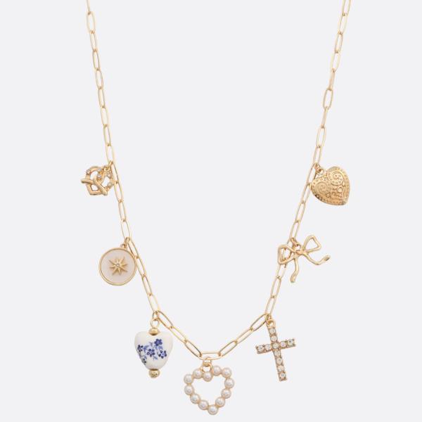 HEART CROSS CHARM STATION NECKLACE